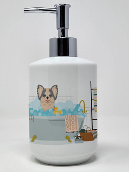 Longhaired Blue and White Chihuahua Ceramic Hand Soap Dispenser product image at NuMercy