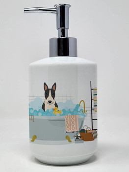 NEW Black White Bull Terrier in Bathtub Ceramic Hand Soap Dispenser product image at NuMercy