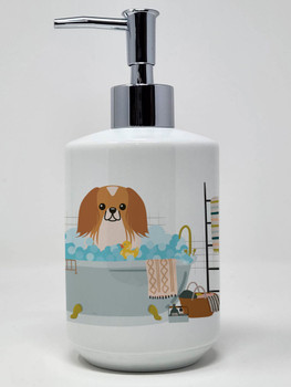 Red White Pekingese in Bathtub Ceramic Hand Soap Dispenser product image at NuMercy