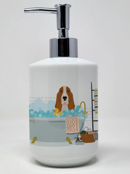 Red and White Tricolor Basset Hound Ceramic Hand Soap Dispenser product image at NuMercy