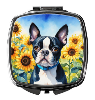 Boston Terrier in Sunflowers Compact Decorative Travel Makeup Mirror product image at NuMercy