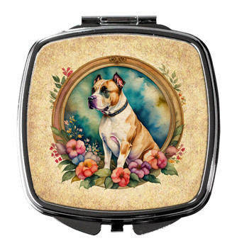 American Staffordshire Terrier and Flowers Compact Decorative Travel Makeup Mirror product image at NuMercy