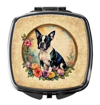 Boston Terrier and Flowers Compact Decorative Travel Makeup Mirror product image at NuMercy