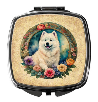 Samoyed and Flowers Compact Decorative Travel Makeup Mirror product image at NuMercy