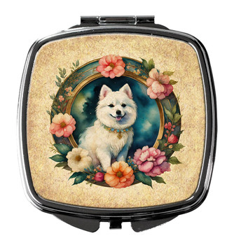 Japanese Spitz and Flowers Compact Decorative Travel Makeup Mirror product image at NuMercy