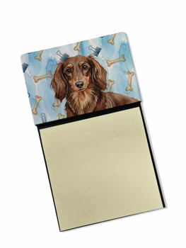 Longhaired Chocolate and Tan Dachshund Coworker Watercolor Sticky Note Holder Refillable Dispenser product image at NuMercy