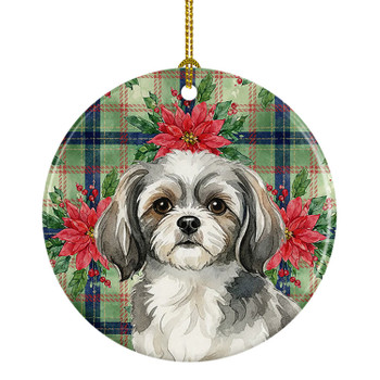 Grey and White Tibetan Spaniel Christmas Poinsettias Ceramic Christmas Ornament product image at NuMercy