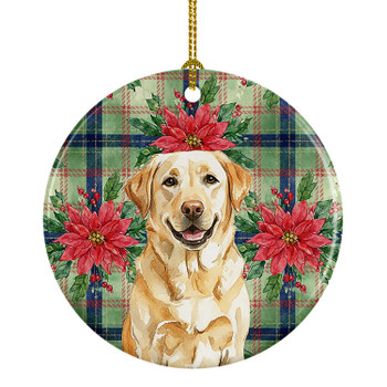 Yellow Labrador Retriever Christmas Poinsettias Ceramic Christmas Ornament product image at NuMercy