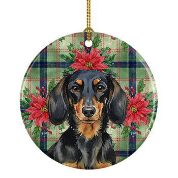Longhaired Black and Tan Dachshund Christmas Poinsettias Ceramic Christmas Ornament product image at NuMercy