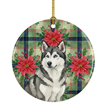 Gray and White Alaskan Malamute Christmas Poinsettias Ceramic Christmas Ornament product image at NuMercy