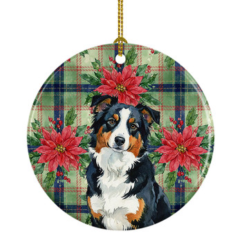 Black Tri American Shepherd Christmas Poinsettias Ceramic Christmas Ornament product image at NuMercy