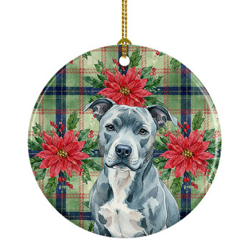 Blue American Staffordshire Terrier Christmas Poinsettias Ceramic Christmas Ornament product image at NuMercy