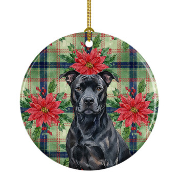 Black American Staffordshire Terrier Christmas Poinsettias Ceramic Christmas Ornament product image at NuMercy