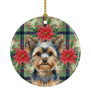 Blue and Tan Yorkshire Terrier Christmas Poinsettias Ceramic Christmas Ornament product image at NuMercy