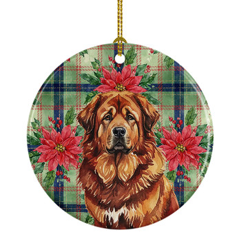 Red Gold Tibetan Mastiff Christmas Poinsettias Ceramic Christmas Ornament product image at NuMercy