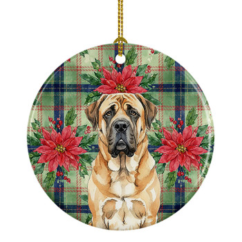 Apricot English Mastiff Christmas Poinsettias Ceramic Christmas Ornament product image at NuMercy