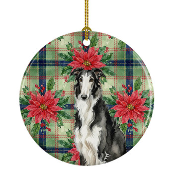 Black and White Borzoi Christmas Poinsettias Ceramic Christmas Ornament product image at NuMercy