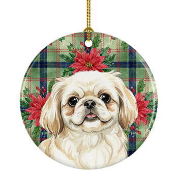 Cream Pekingese Christmas Poinsettias Ceramic Christmas Ornament product image at NuMercy