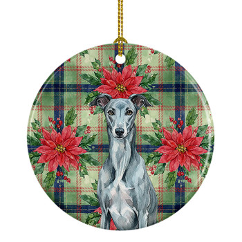 Blue Brindle Greyhound Christmas Poinsettias Ceramic Christmas Ornament product image at NuMercy