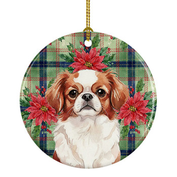 Red and White Japanese Chin Christmas Poinsettias Ceramic Christmas Ornament product image at NuMercy