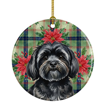 Black Lhasa Apso Christmas Poinsettias Ceramic Christmas Ornament product image at NuMercy