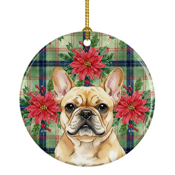 Fawn French Bulldog Christmas Poinsettias Ceramic Christmas Ornament product image at NuMercy