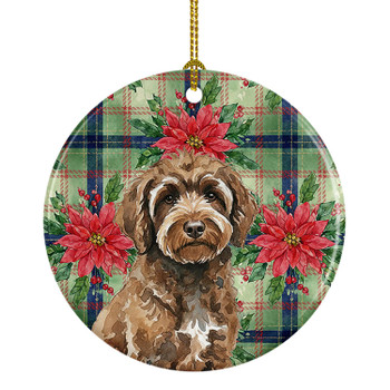 Brown Portuguese Water Dog Christmas Poinsettias Ceramic Christmas Ornament product image at NuMercy