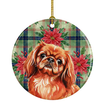 Red Pekingese Christmas Poinsettias Ceramic Christmas Ornament product image at NuMercy