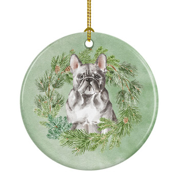 French Bulldog Blue Christmas Wreath Ceramic Ornament product image at NuMercy