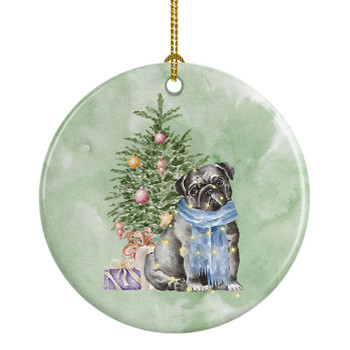 Pug Black Christmas Presents and Tree Ceramic Ornament product image at NuMercy