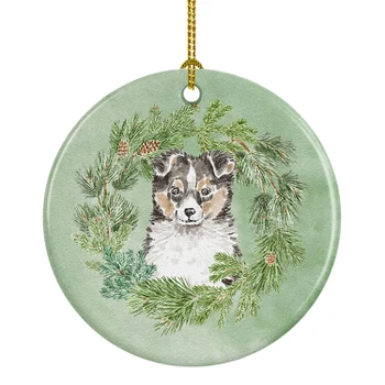 Sheltie/Shetland Sheepdog Puppy Tricolor Christmas Wreath Ceramic Ornament product image at NuMercy