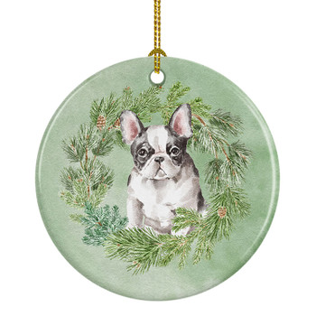 French Bulldog Black and White Christmas Wreath Ceramic Ornament product image at NuMercy