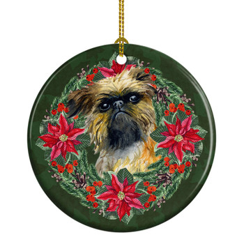 Brussels Griffon Poinsettia Wreath Ceramic Christmas Ornament product image at NuMercy