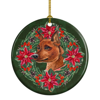 Miniature Pinscher Poinsettia Wreath Ceramic Christmas Ornament product image at NuMercy