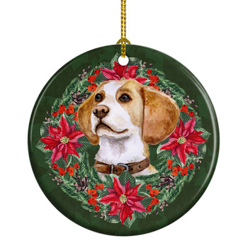 Beagle Poinsettia Wreath Ceramic Christmas Ornament product image at NuMercy