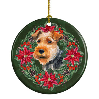 Welsh Terrier Poinsettia Wreath Ceramic Christmas Ornament product image at NuMercy