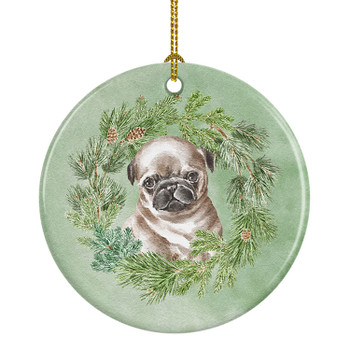 Pug Puppy Fawn Head Tilt Christmas Wreath Ceramic Ornament product image at NuMercy