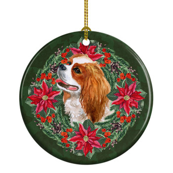 Cavalier Spaniel Poinsettia Wreath Ceramic Christmas Ornament product image at NuMercy
