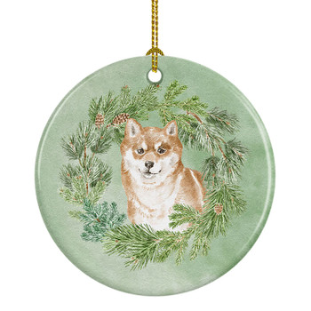 Shiba Inu Sitting Pretty Christmas Wreath Ceramic Ornament product image at NuMercy