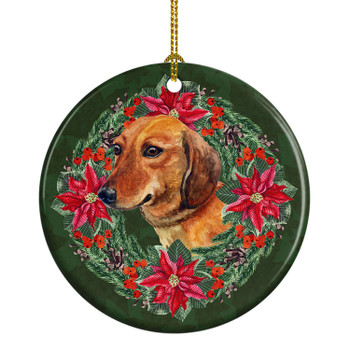 Dachshund Poinsettia Wreath Ceramic Christmas Ornament product image at NuMercy