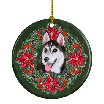 Siberian Husky #2 Poinsettia Wreath Ceramic Christmas Ornament product image at NuMercy