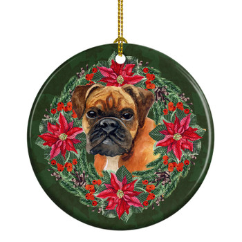 German Boxer Poinsettia Wreath Ceramic Christmas Ornament product image at NuMercy