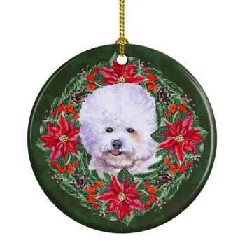 Bichon Frise Poinsettia Wreath Ceramic Christmas Ornament product image at NuMercy