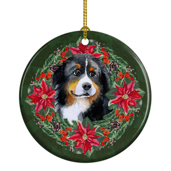 Bernese Mountain Dog Poinsettia Wreath Ceramic Christmas Ornament product image at NuMercy