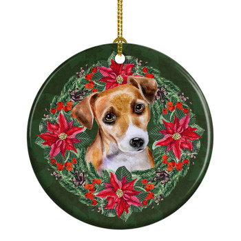 Jack Russell Terrier #2 Poinsettia Wreath Ceramic Christmas Ornament product image at NuMercy