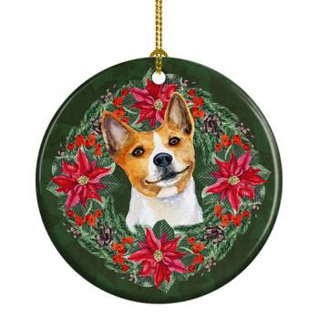Basenji Poinsettia Wreath Ceramic Christmas Ornament product image at NuMercy