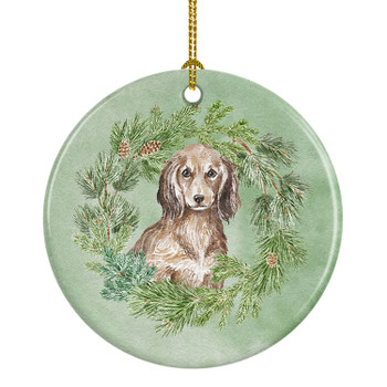 Dachshund Sable Longhaired Christmas Wreath Ceramic Ornament product image at NuMercy