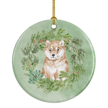 Shiba Inu Puppy Sitting Pretty Christmas Wreath Ceramic Ornament product image at NuMercy