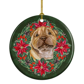 Shar Pei Puppy Poinsettia Wreath Ceramic Christmas Ornament product image at NuMercy