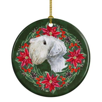 Sealyham Terrier Poinsettia Wreath Ceramic Christmas Ornament product image at NuMercy
